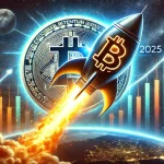 Ilustración de un cohete Bitcoin despegando hacia el espacio, representando el potencial crecimiento explosivo del precio en 2025.