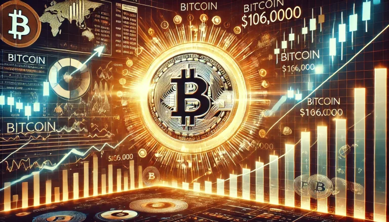 Bitcoin supera los $106,000 con gráficos ascendentes y velas del mercado destacando el hito histórico en un entorno digital futurista.