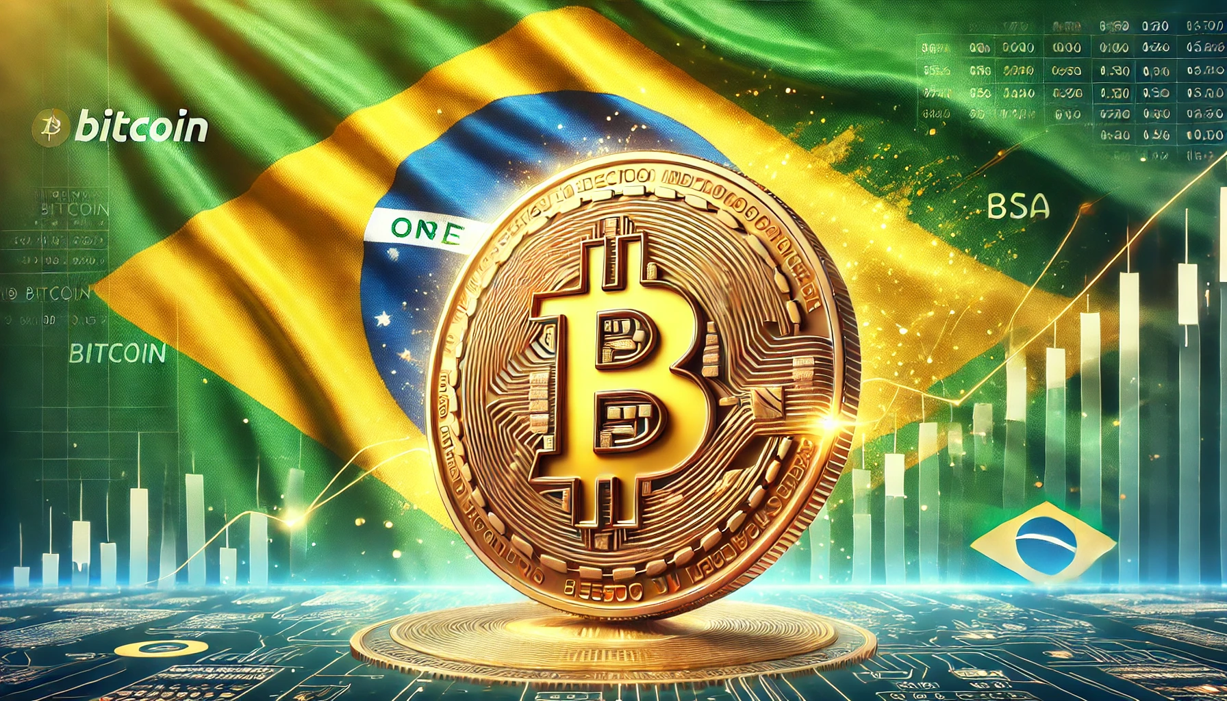 Ilustración de la bandera de Brasil junto a un Bitcoin dorado, simbolizando la propuesta de una reserva federal en criptomonedas como parte de las reservas nacionales del país.