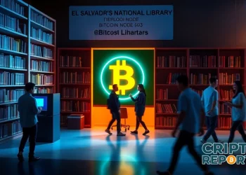 Sección de Bitcoin en la Biblioteca Nacional de El Salvador, con libros sobre blockchain y un nodo Bitcoin operativo.