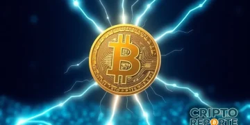 Una representación futurista de Bitcoin Lightning Network, mostrando una moneda Bitcoin de la que salen rayos eléctricos conectando nodos en una red digital